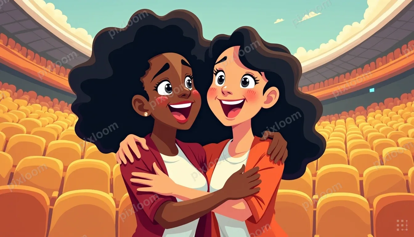 Two women in the foreground hug and cheer. An exuberant Blac