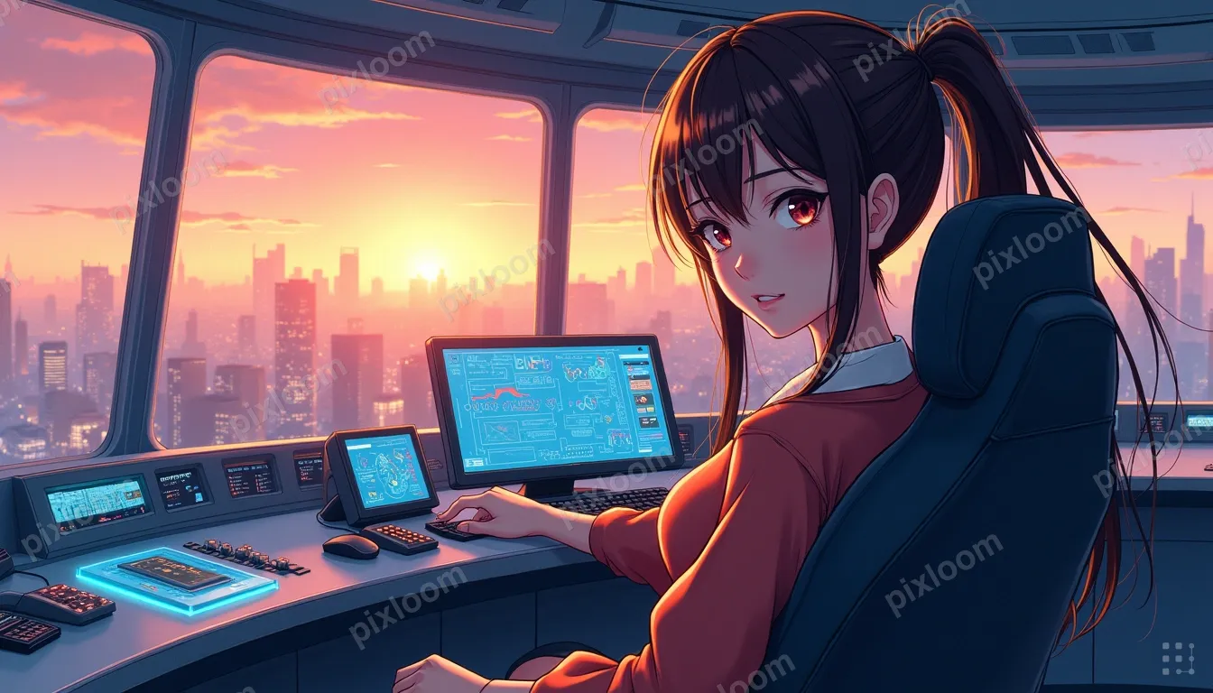 Anime-style futuristic control room with holographic display