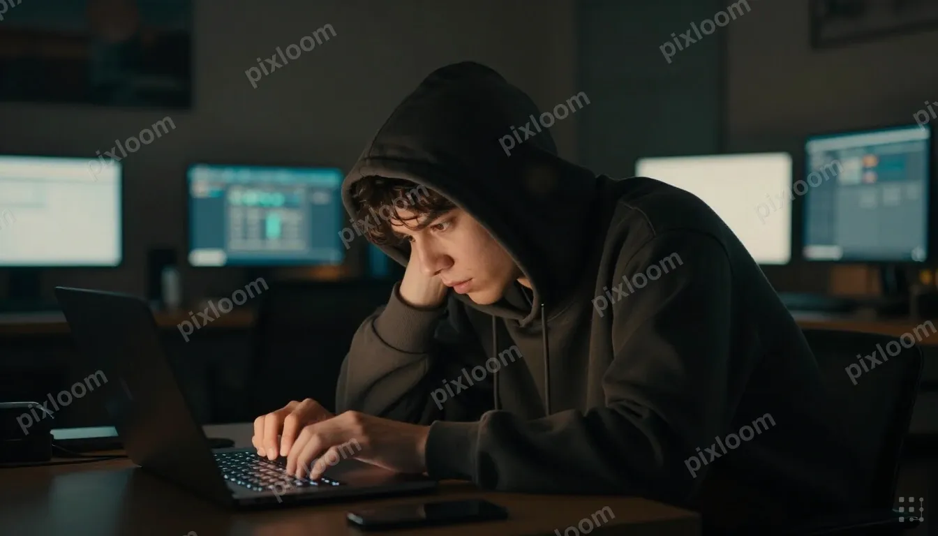 A person in a dark hoodie hunched over a glowing laptop late