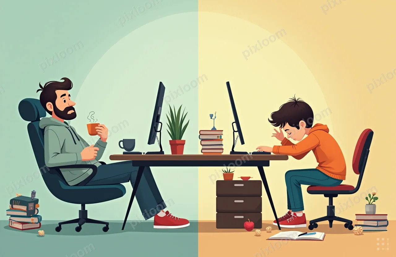 Two-panel split illustration, side by side, divided by a thi