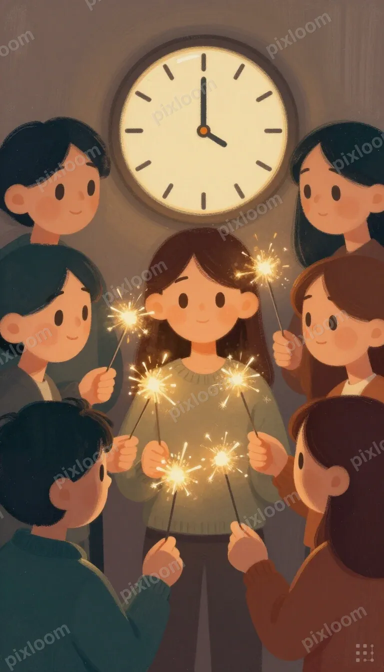 New Year's Eve countdown, sparklers in hands, clock approach