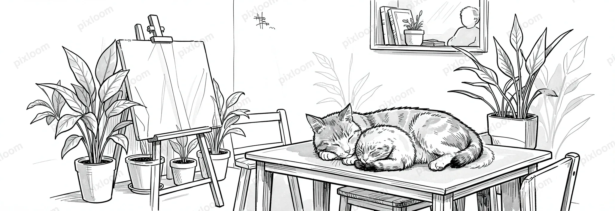 cute pencil sketch of a cozy artist studio with easel, plant