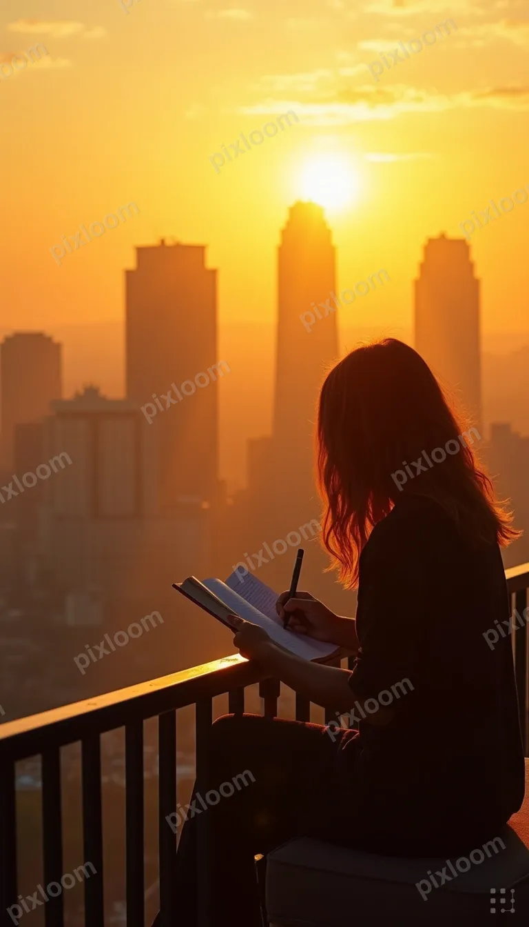 Person writing in a journal at sunrise, balcony overlooking 
