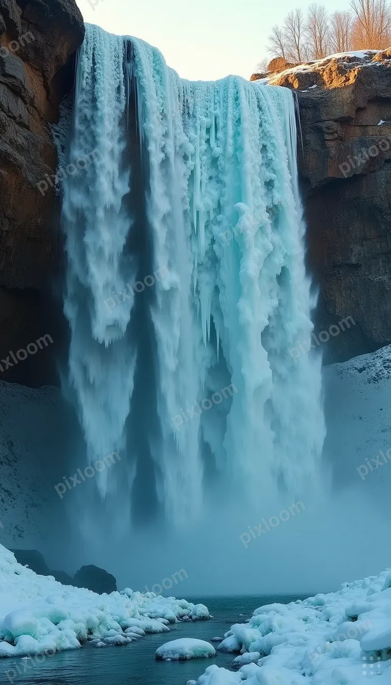 Frozen waterfall with blue ice formations, icicles catching 