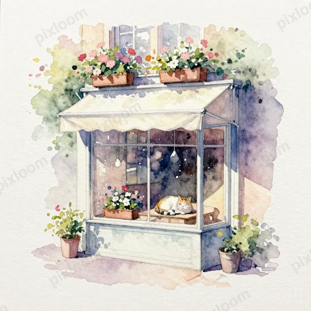 Watercolor of a corner bakery storefront in spring, flower b