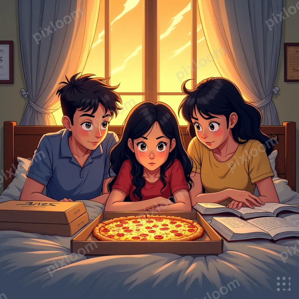 Comic-teens style study group in a bedroom, pizza boxes, tex