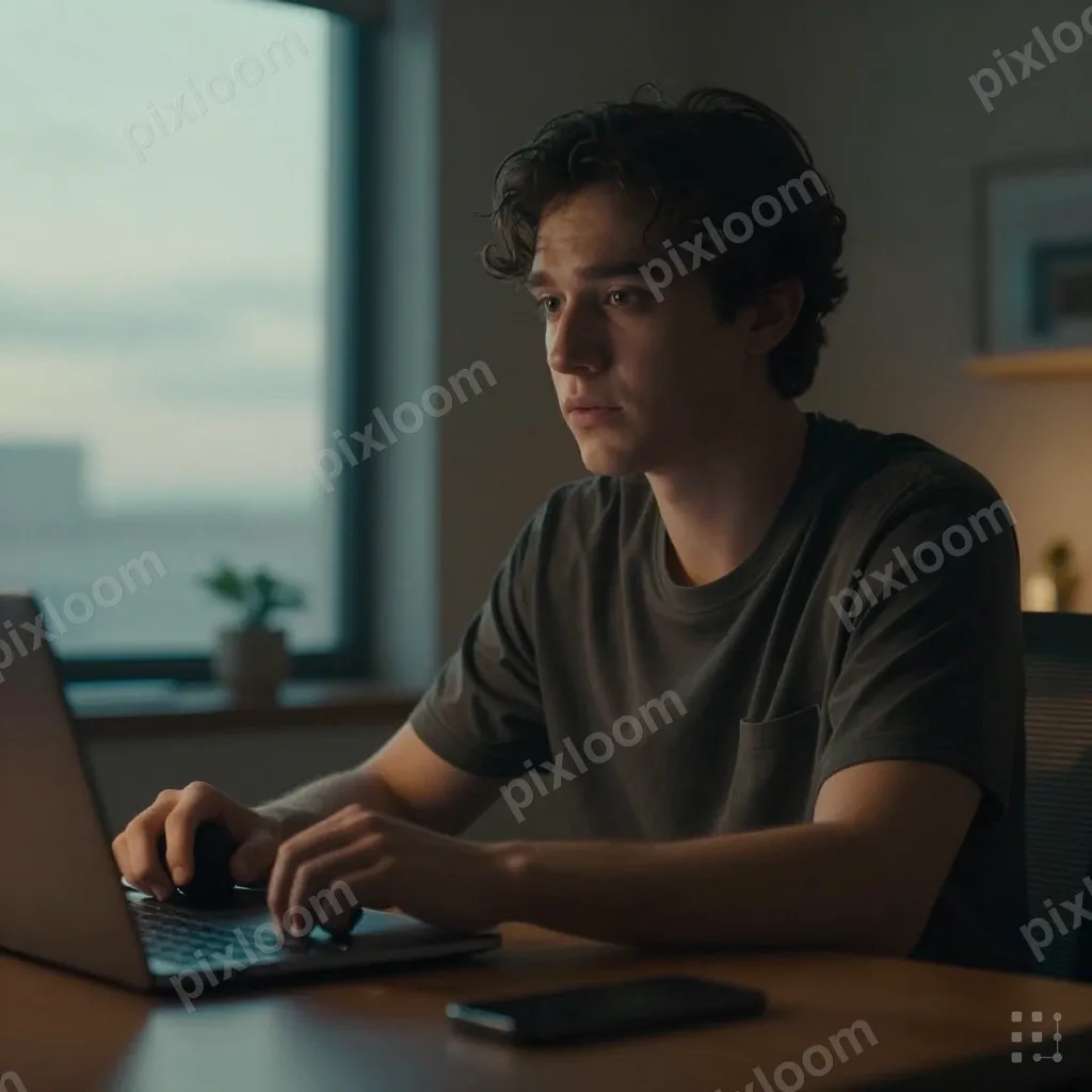 wireless headphones on a desk beside a laptop, evening light