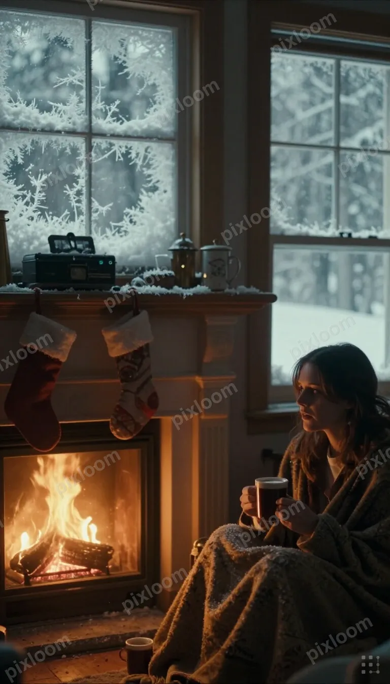 Cozy winter scene — fireplace with stockings, warm blanket, 