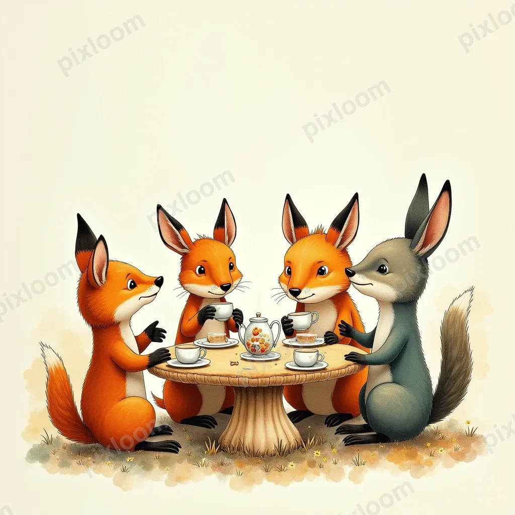 Storybook illustration of forest animals having a tea party,