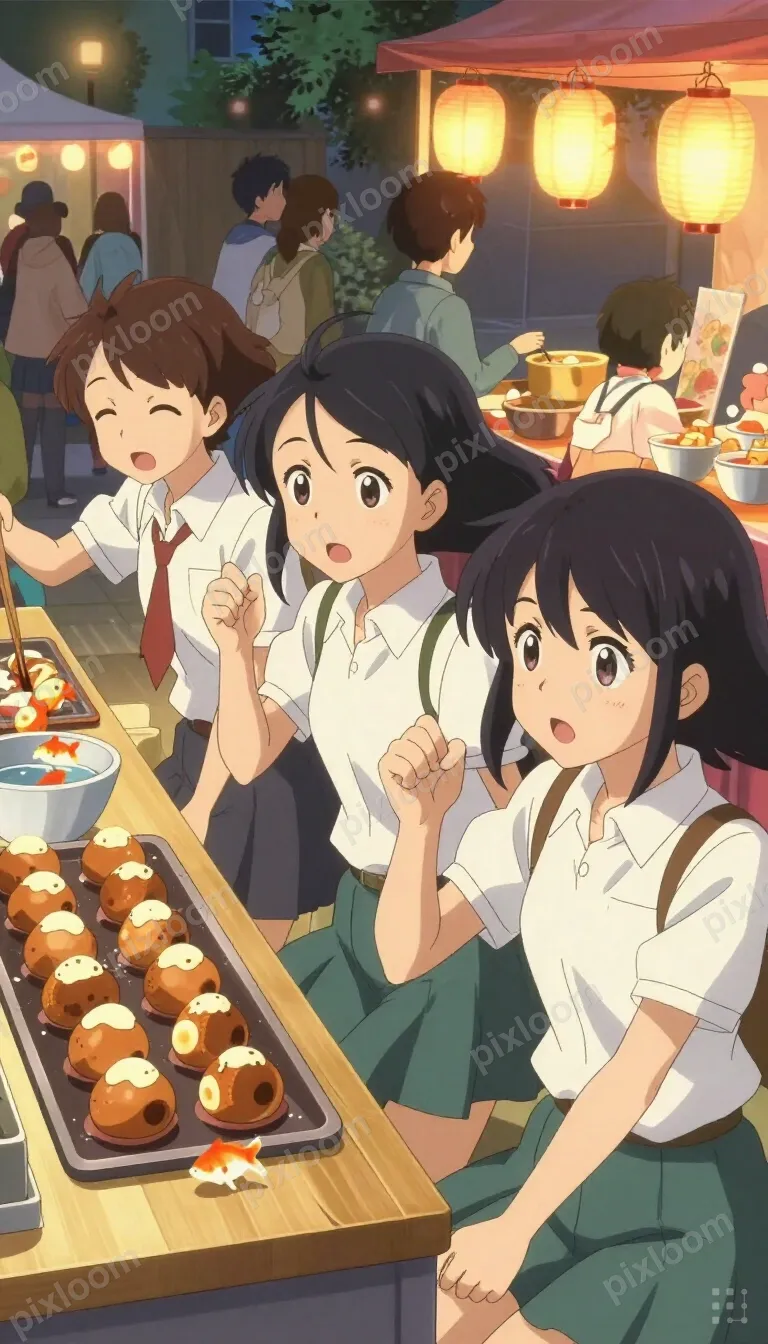 Anime-style school festival scene, students at stalls, takoy