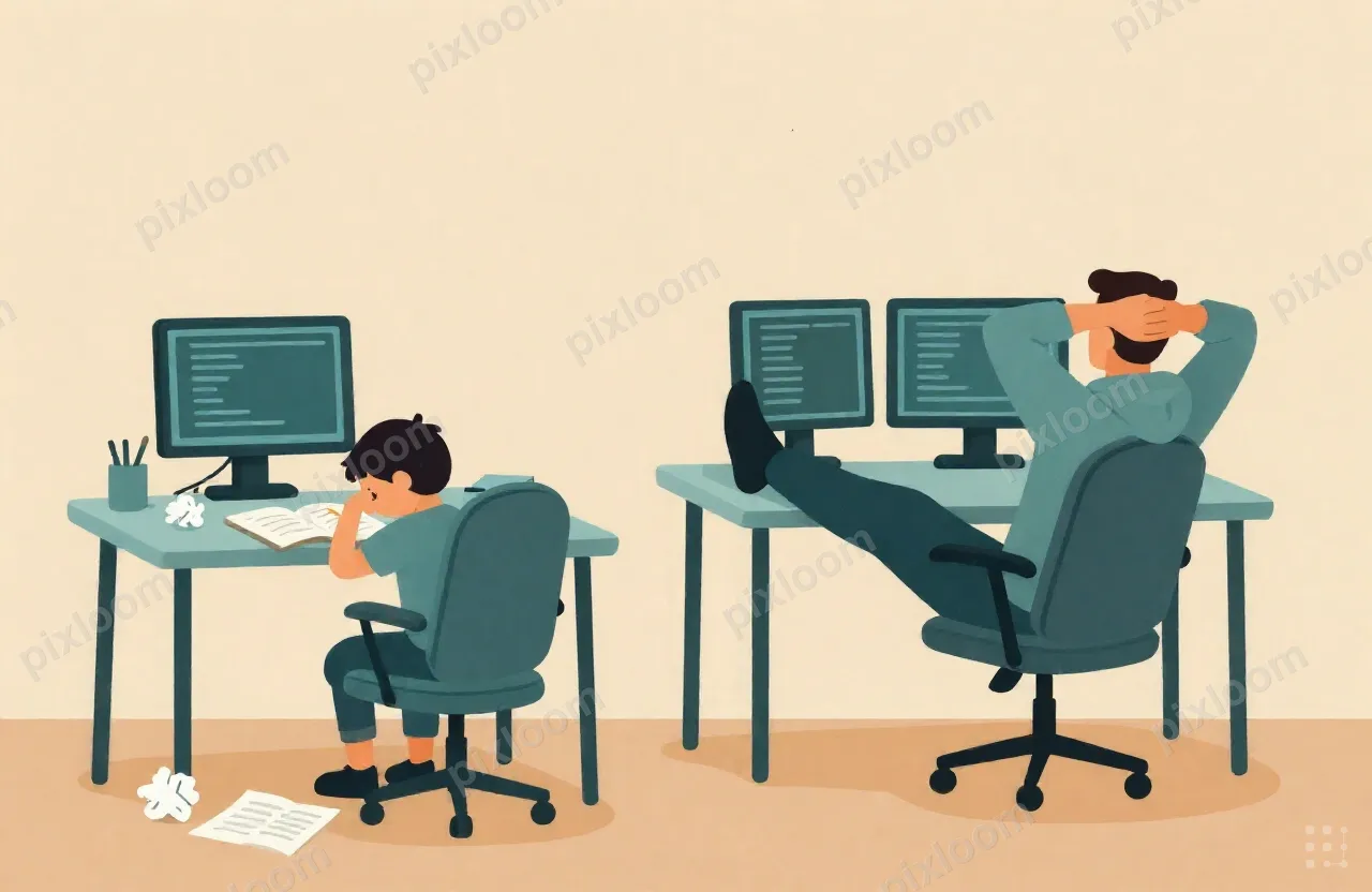 Flat vector illustration, cozy home office, warm soft natura