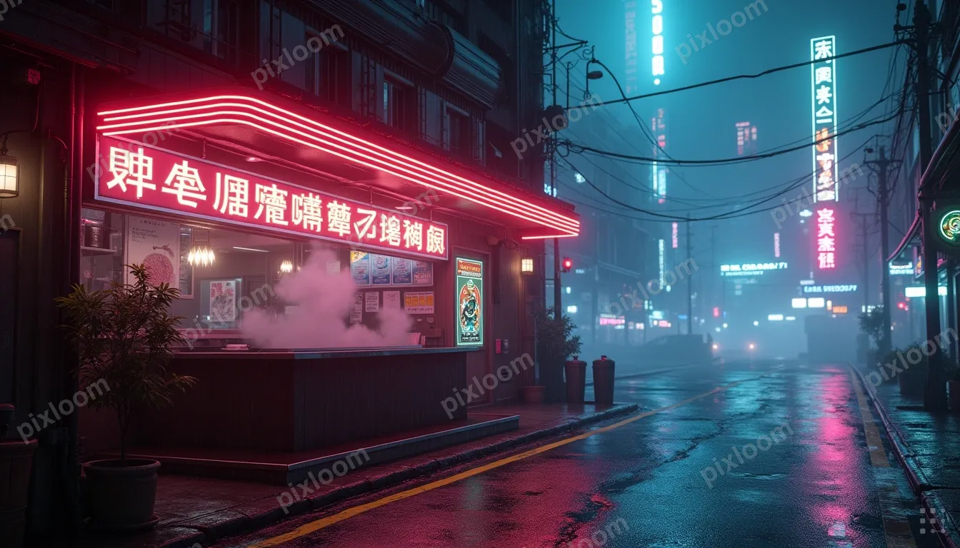 Cyberpunk-style neon ramen bar at night, steam rising, glowi
