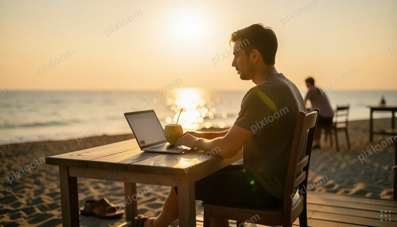 Digital nomad working from a beachside cafe, ocean in backgr