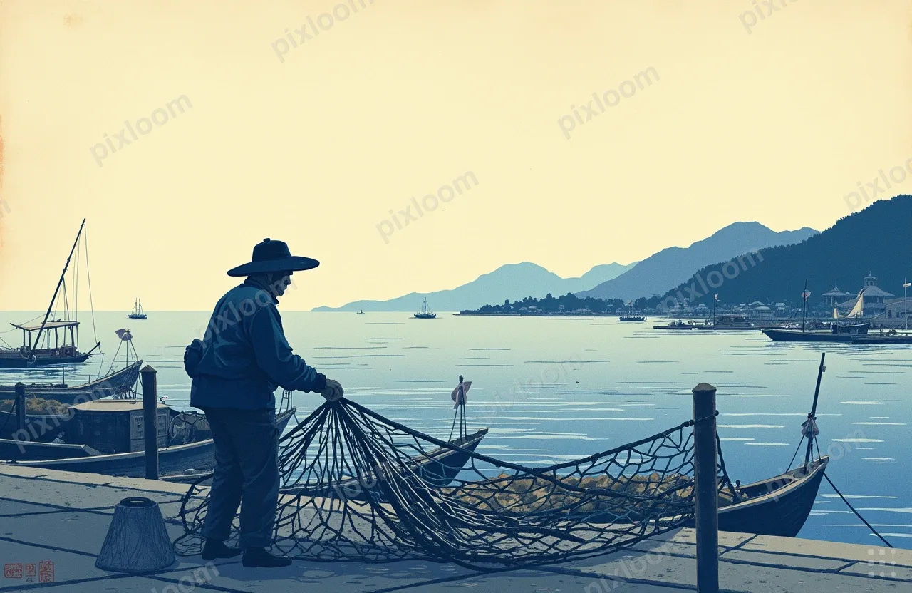 Woodblock print of a fisherman mending nets at a harbor, tra