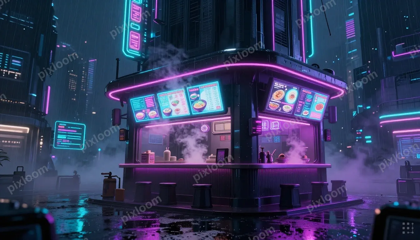 Cyberpunk-style neon ramen bar at night, steam rising, glowi