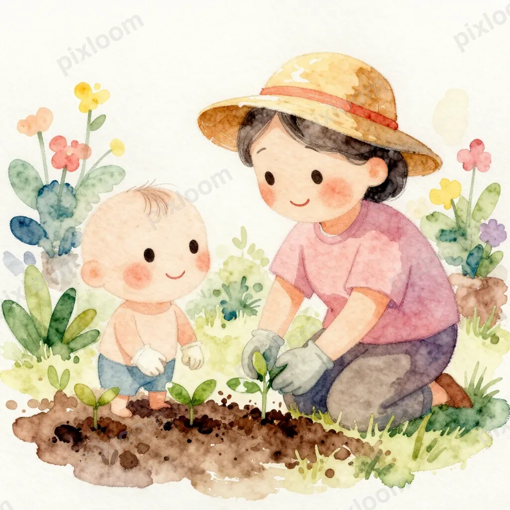 Grandmother teaching grandchild to garden, kneeling in soil,