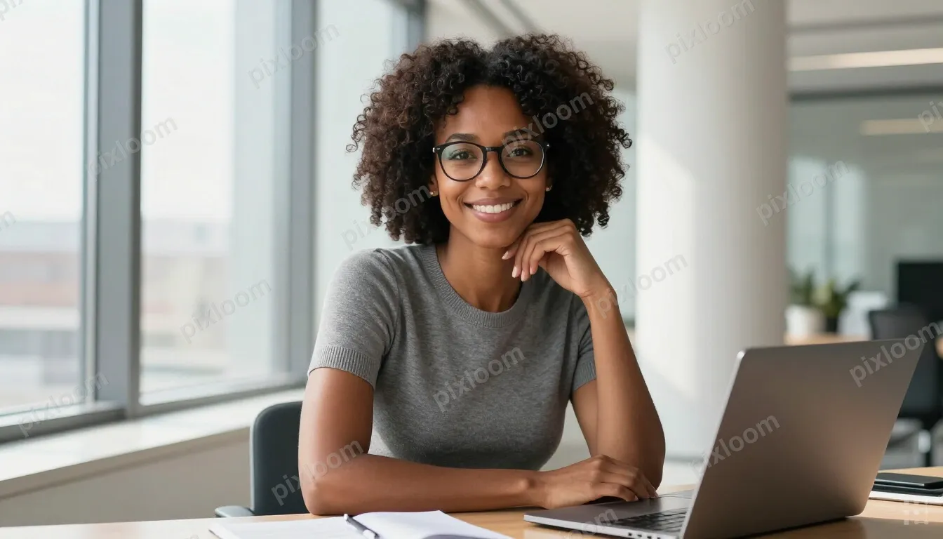 Smiling afro american woman sits at a high desk by large win