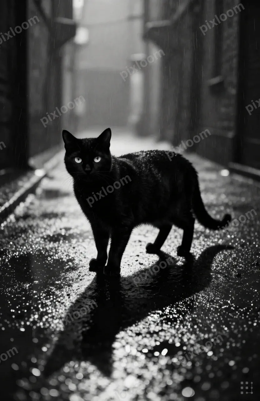 Noir-style black cat in a rainy alley, glowing eyes, puddle 