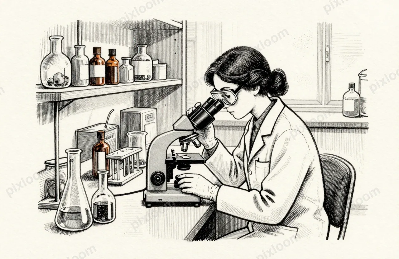 A woman in a lab coat sits at a laboratory bench, looking in