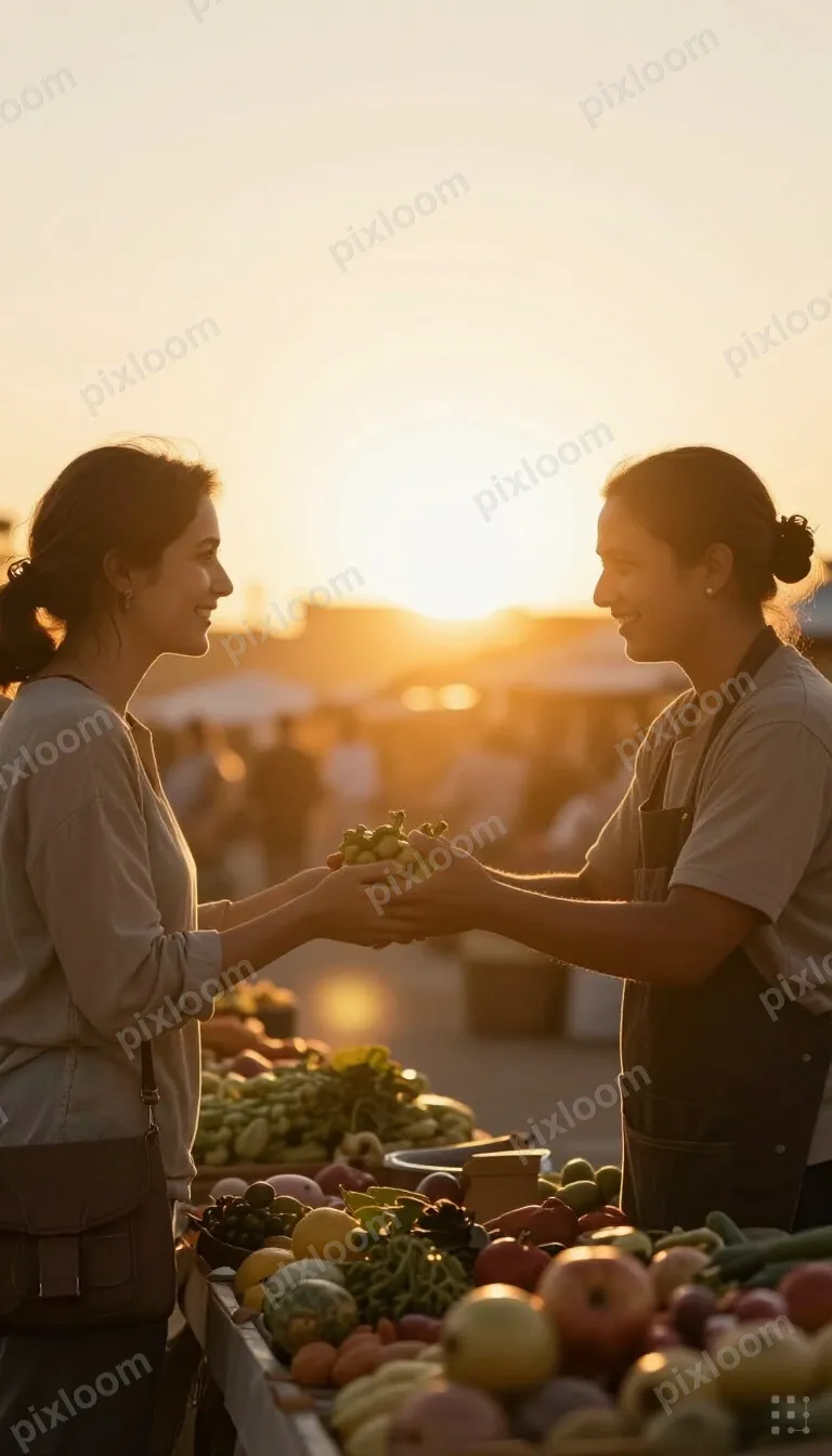 Market vendor and customer exchanging produce, genuine smile