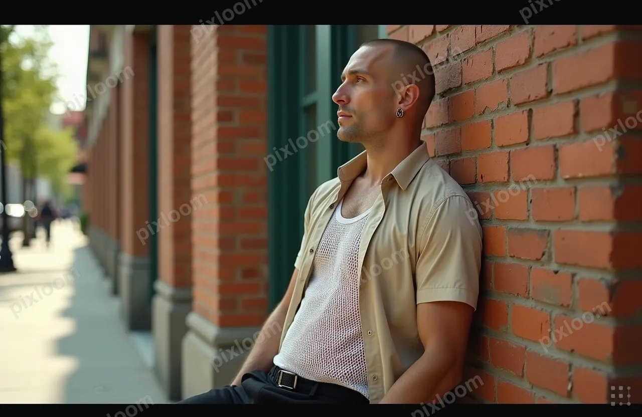 An urban street scene with a man leaning against a brick wal