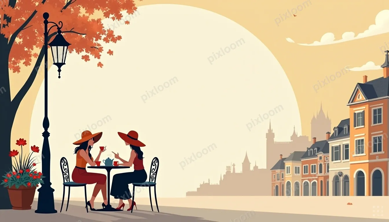 Two stylish women wearing large hats sit at a small round ta