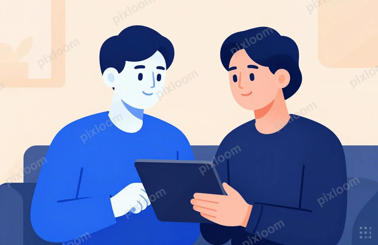 Teen teaching grandparent to use a tablet, patient smile, li