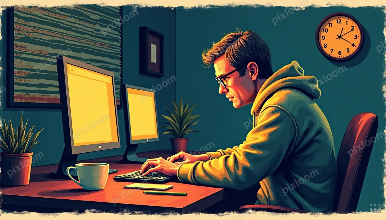 A middle aged person in a hoddie hunched over a laptop late 