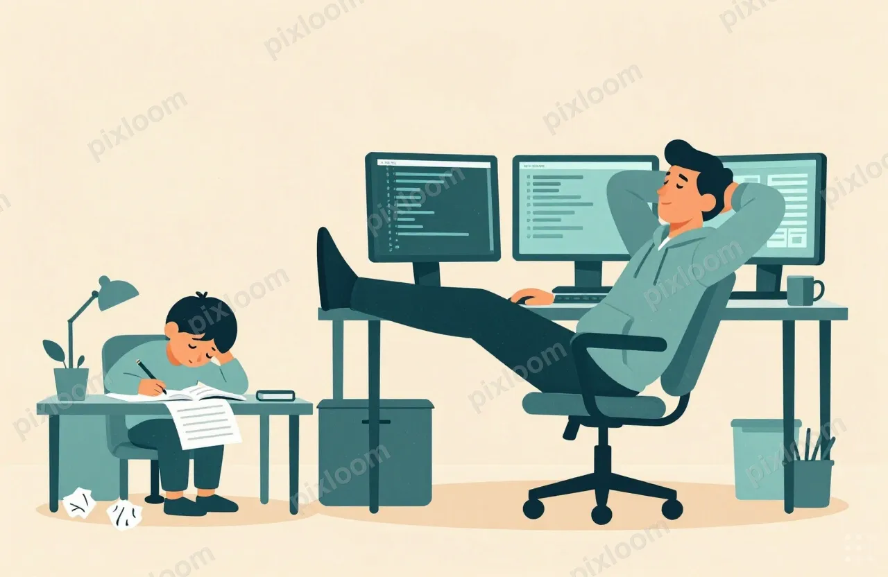 Flat vector illustration, cozy home office, warm soft natura