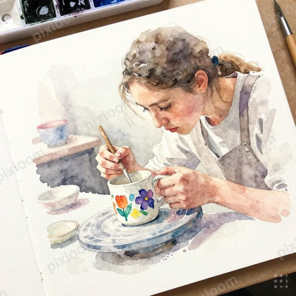 Person at a pottery painting studio, concentrating on a mug 