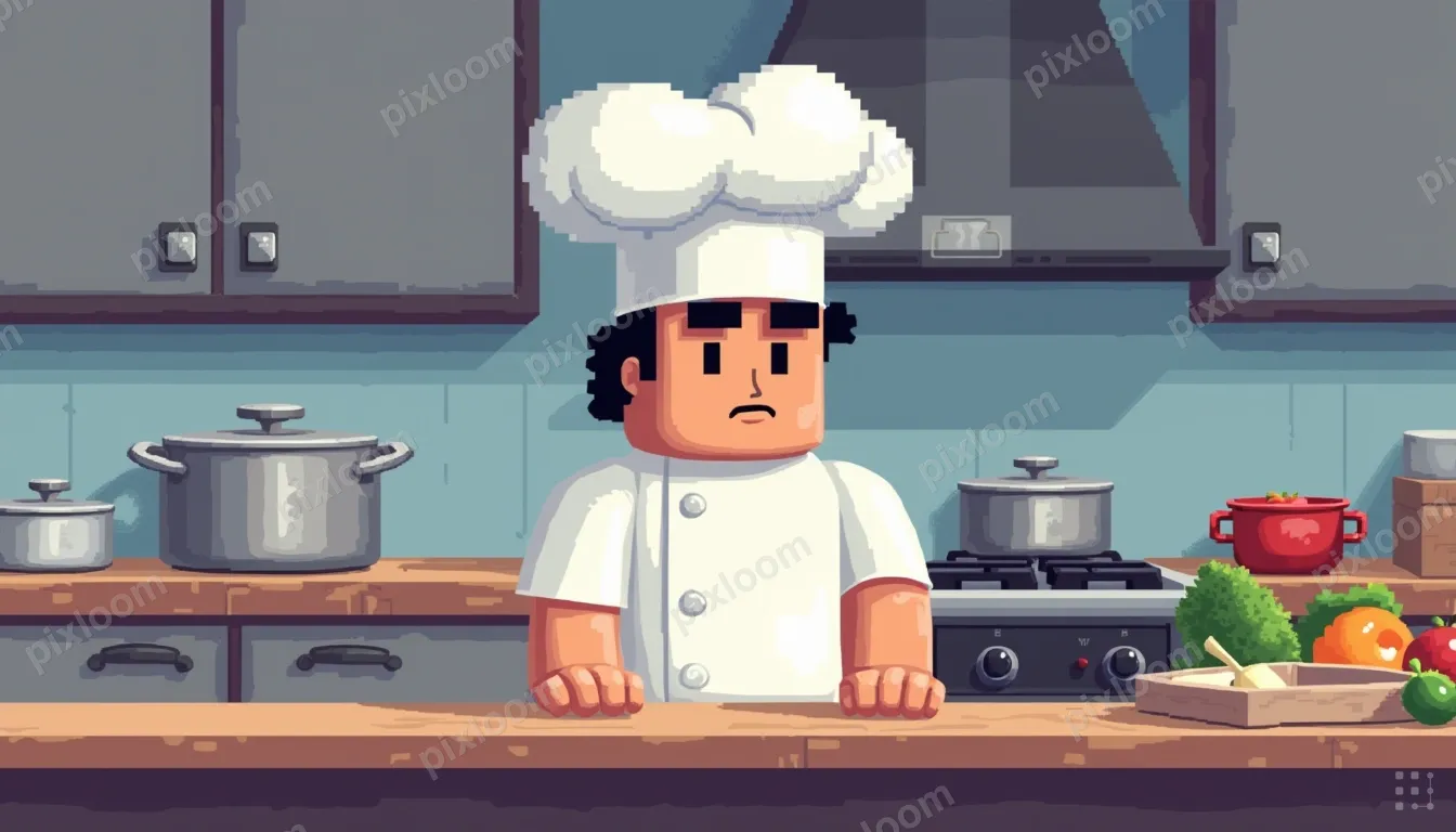 Pixel art kitchen scene with chef character cooking, pots on