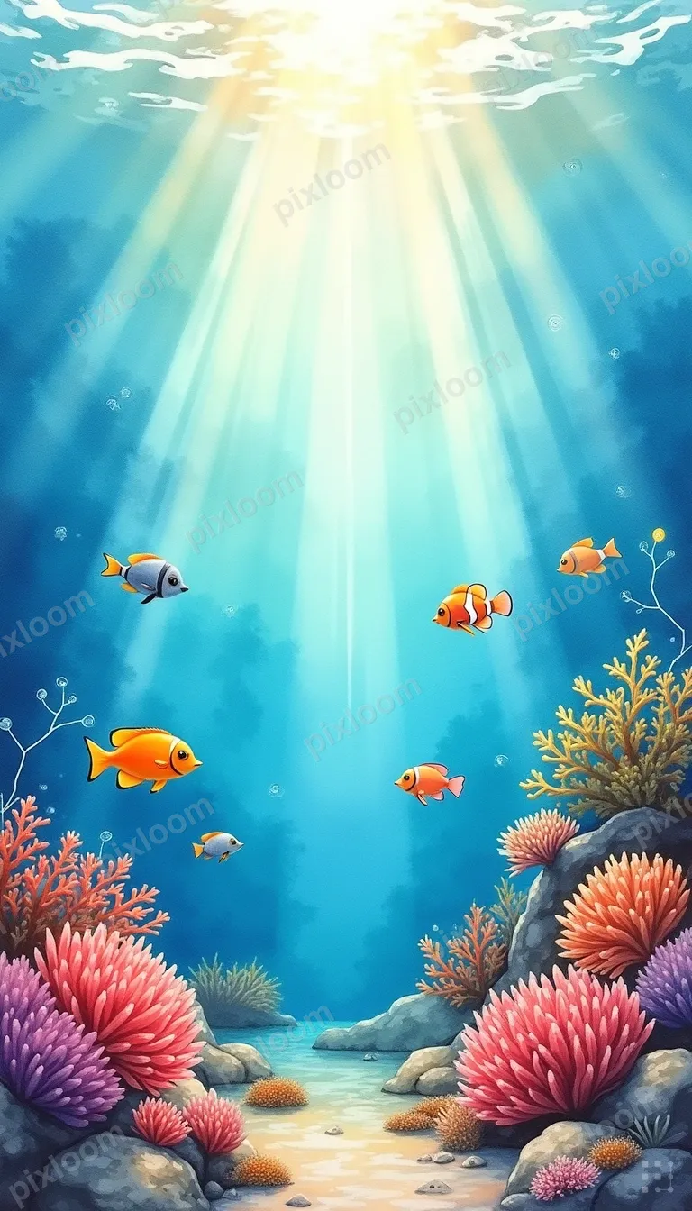 Coral reef underwater scene, tropical fish, sunbeams filteri