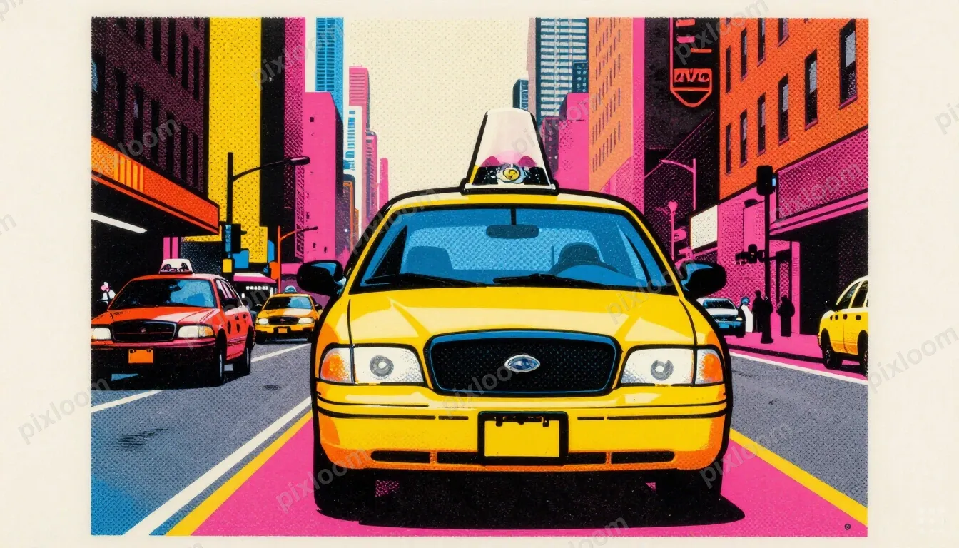 Pop art New York City taxi cab on bold colored avenue, thick
