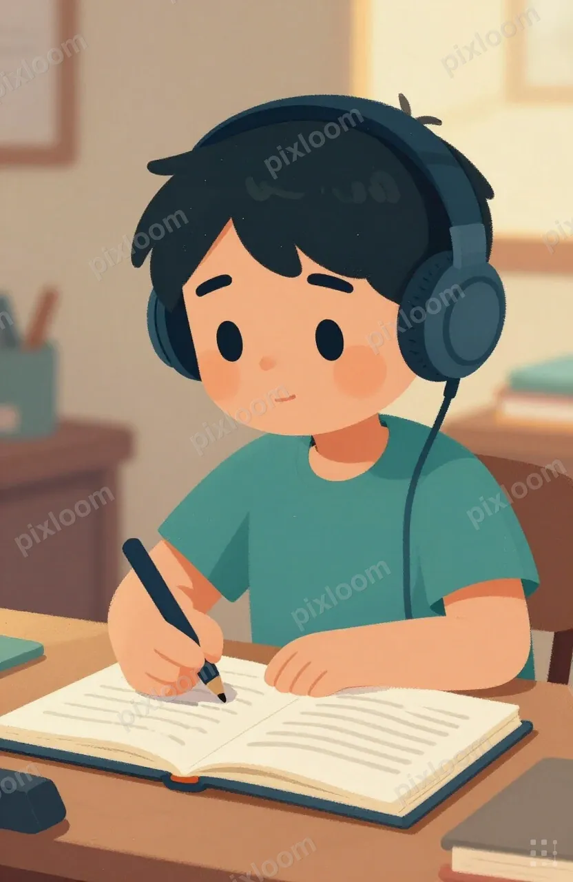 Teenager doing homework at a desk, headphones on, notebook a