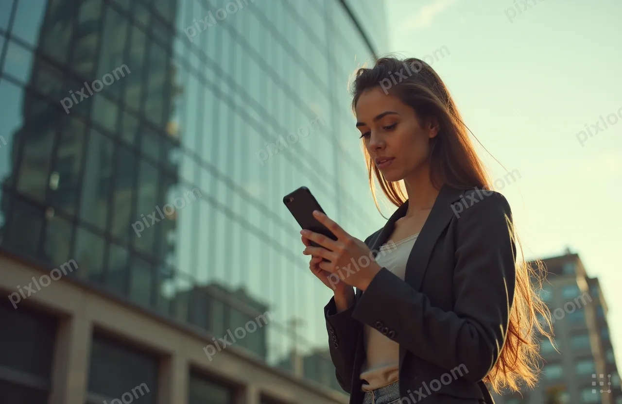 A woman stands outdoors in front of a modern glass office bu