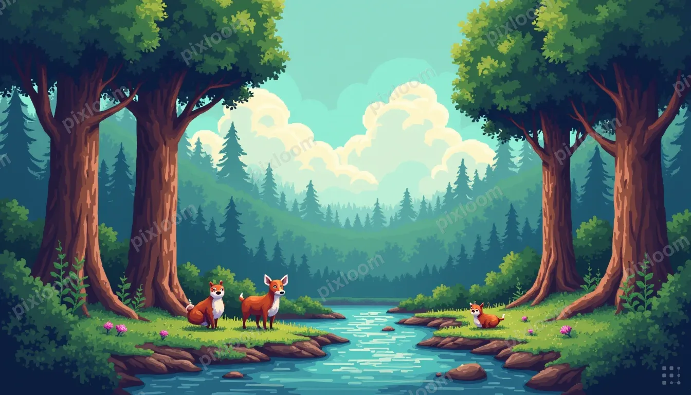 Pixel art forest scene with tall pixelated trees, a stream, 