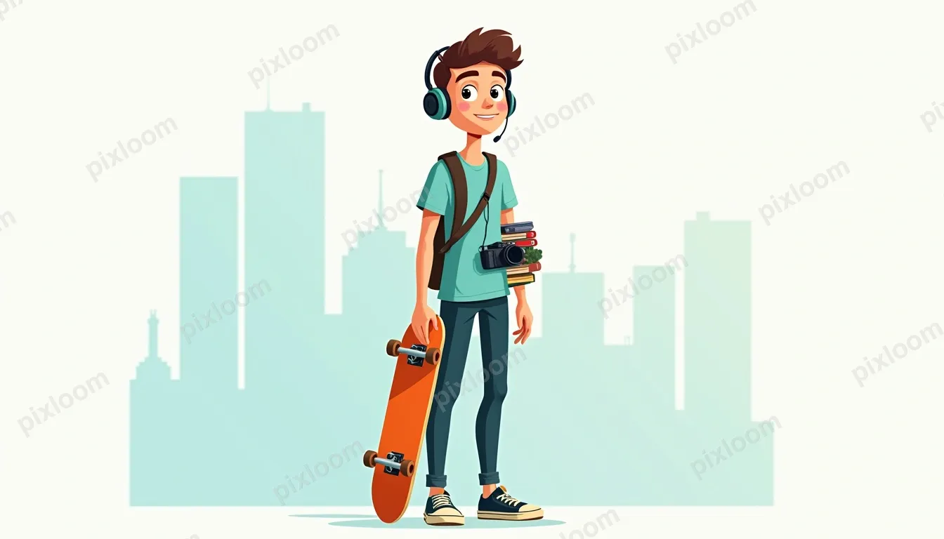 Vector flat illustration of teen activities — skateboard, he