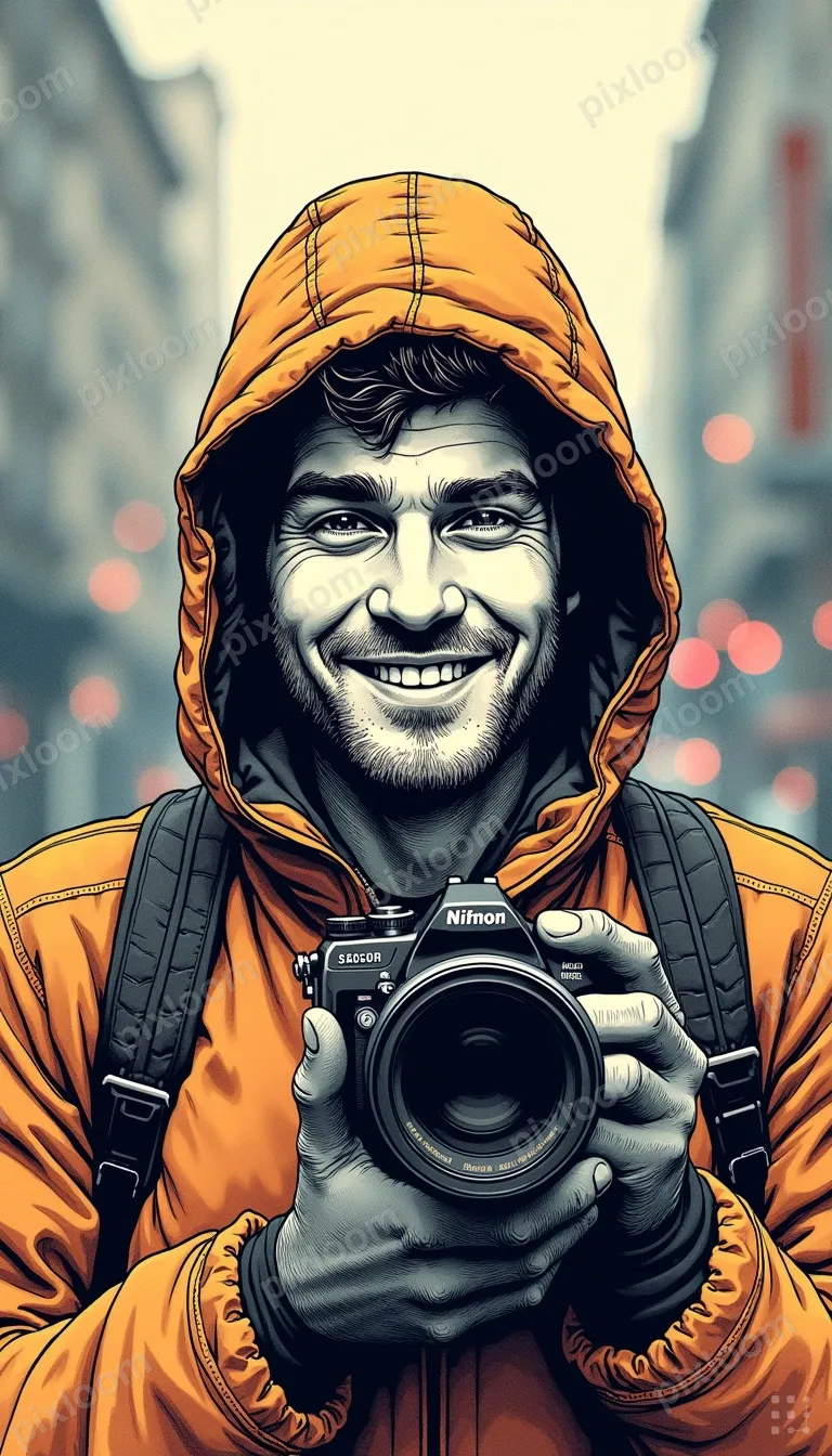 A smiling man in a hooded jacket and gloves holds a DSLR cam