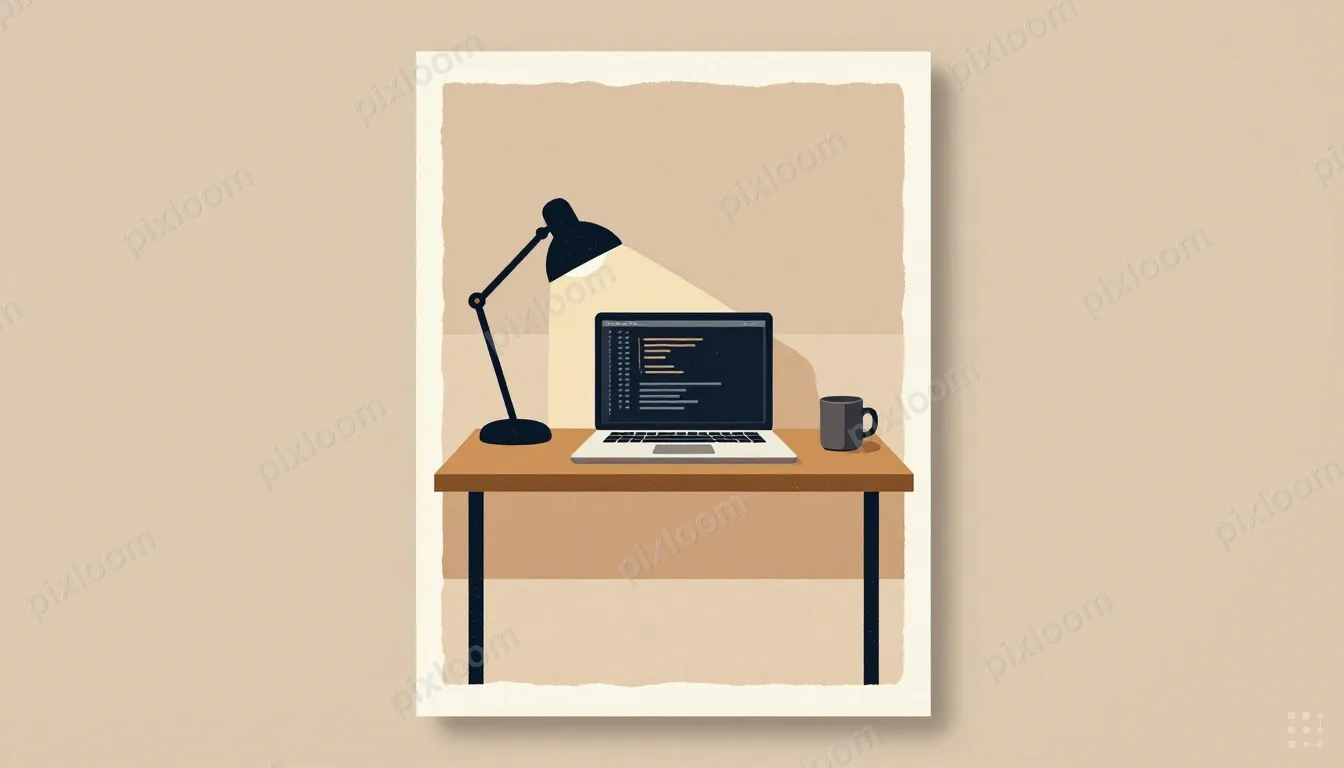 A laptop on a minimal desk at night. The screen glows with a