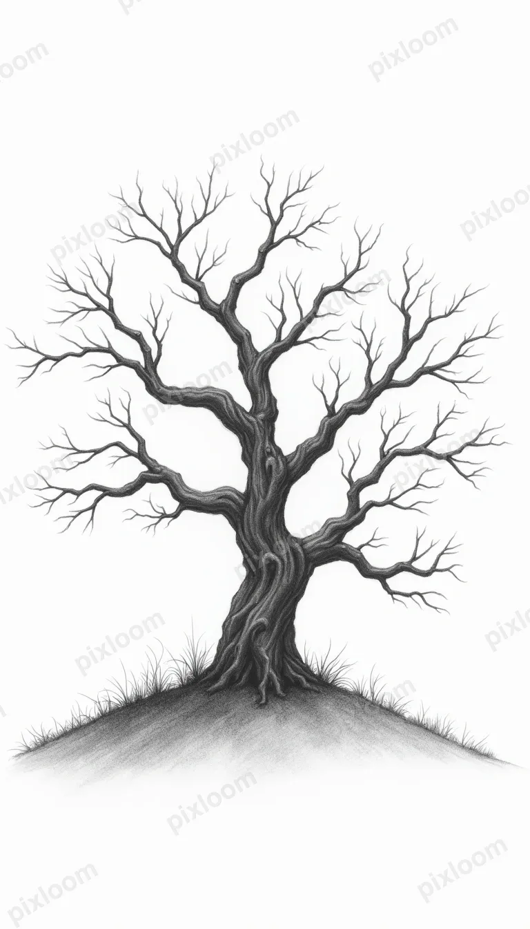 Pencil sketch of a gnarled old oak tree on a hilltop, detail