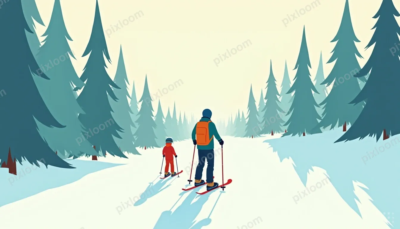 Rear view, wide shot of a man and a boy skiing down a snow-c