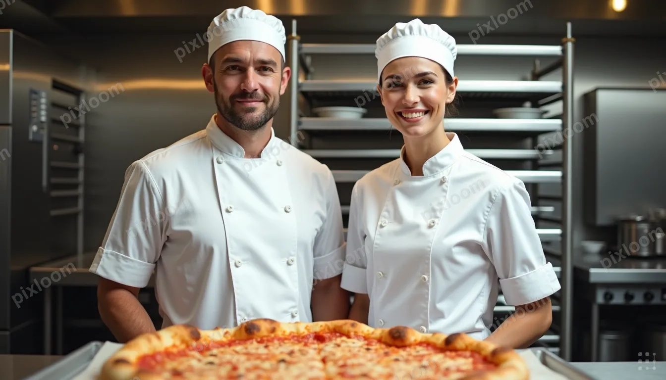 Two pizza chefs in white shirts and caps work in a busy kitc