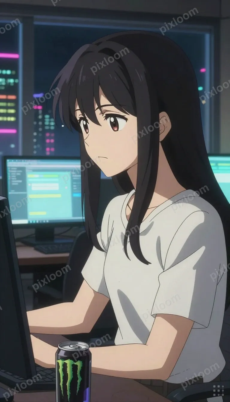 Anime-style developer at night, multiple monitors, neon city