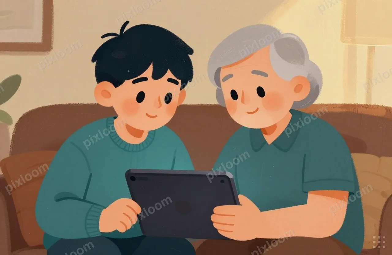 Teen teaching grandparent to use a tablet, patient smile, li