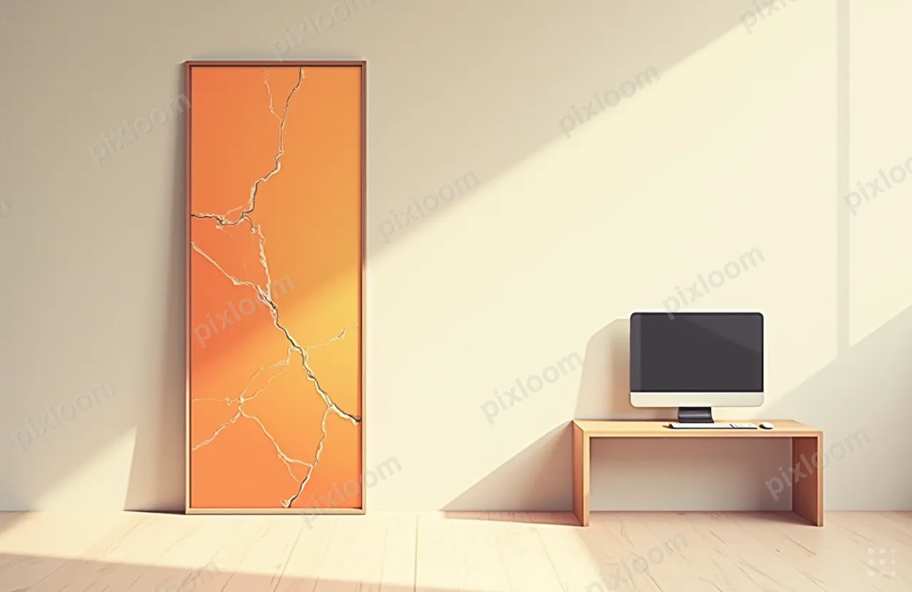 A cracked mirror on a wall reflecting a glowing 
computer sc