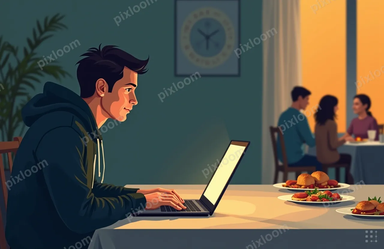A person in a dark hoodie at a dinner table, family 
blurred