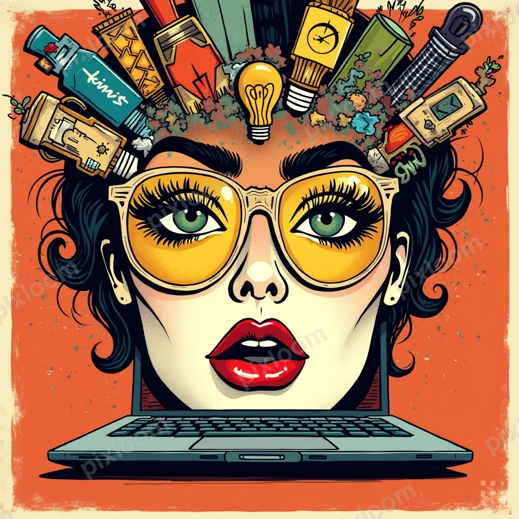 Pop art laptop exploding with colorful icons and ideas, bold