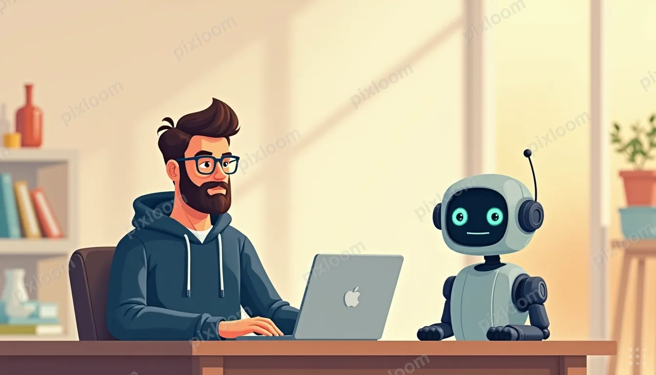 A man with glasses and a beard sits at a desk, typing on a l