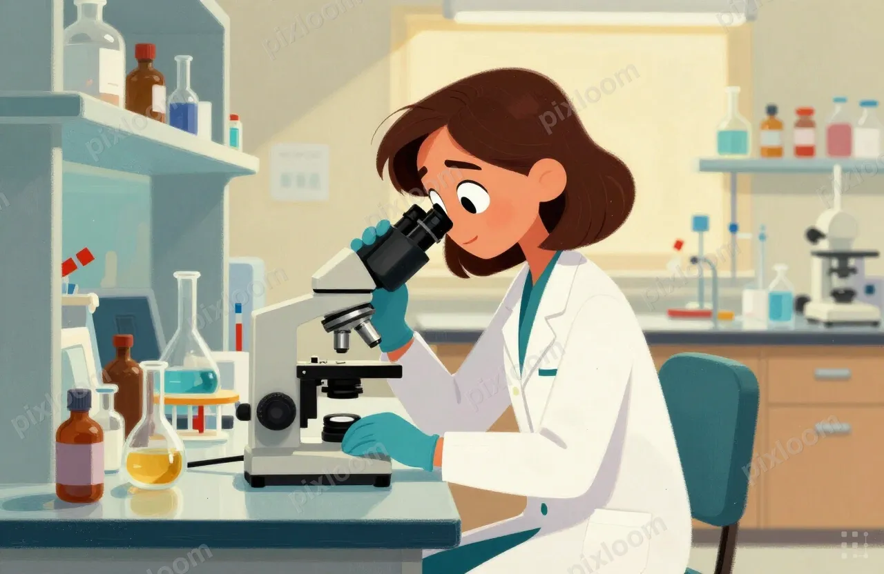 A woman in a lab coat sits at a laboratory bench, looking in