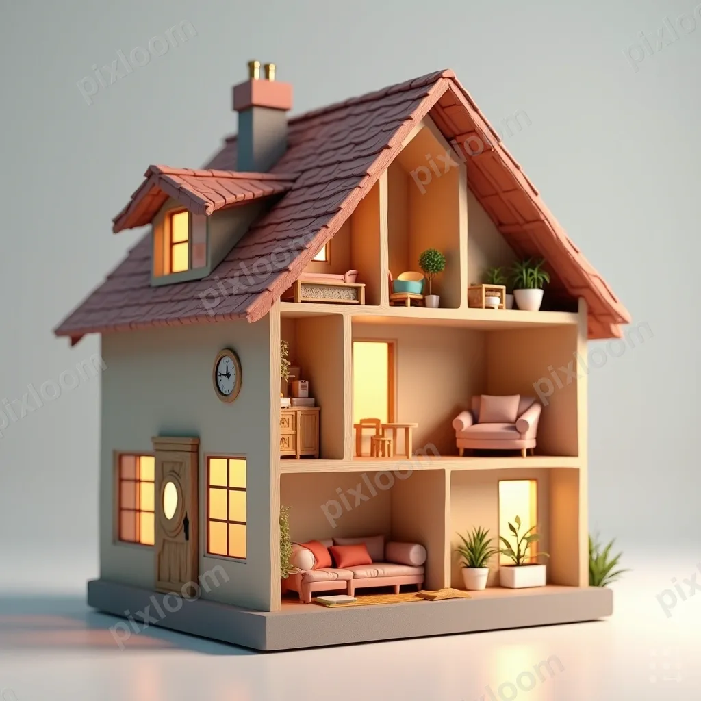 3D rendered architectural cross-section of a modern house, r